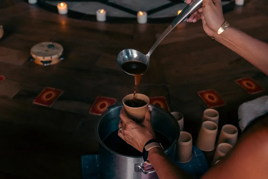 A serene and spiritual cacao ceremony at Alaya Panama, where participants gather to engage in a sacred tradition